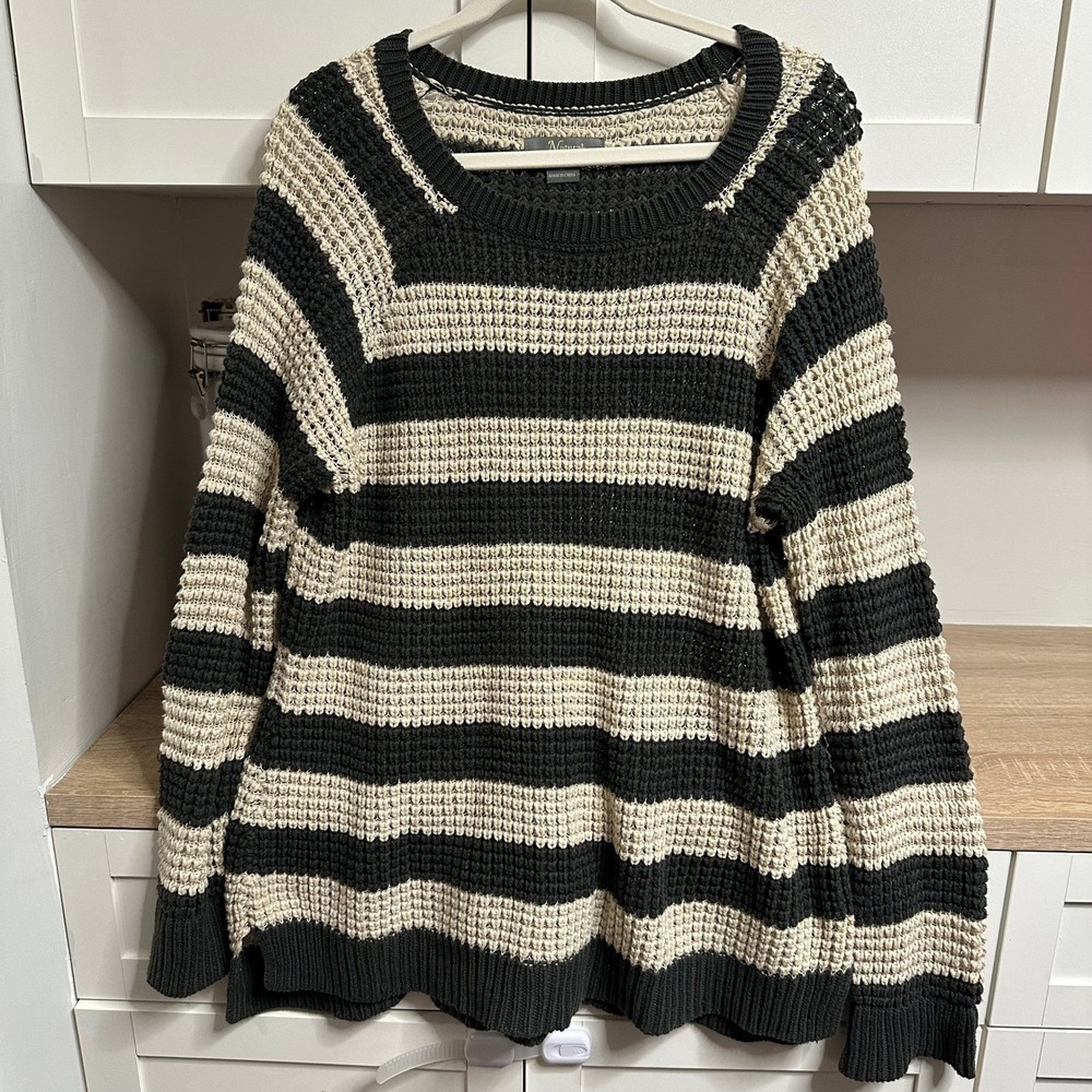 Open Knit Cotton Crewneck Sweater Womens XL Green Stripe Granola Indie Earthy